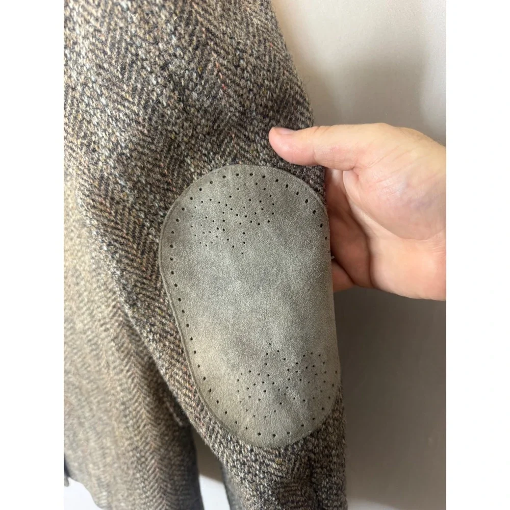 Harris Tweed Mens 40L Tall Brown Herringbone Wool Blazer Elbow Patches